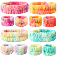 머리띠 손목 세척 밴드 헤어 밴드 여성 및 소녀용 흡수성 스웨트 밴드가 포함된 극세사 세안 세트 - 신축성 있는 손목 밴드가 액체를 흘리는 것을 방지합니다., 12개, Red+Orange+Yellow+Green