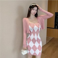 COSYEVNO 여성 봄가을 니트 원피스 세트 아가일 패턴 슬림핏 TZKzzljt-9