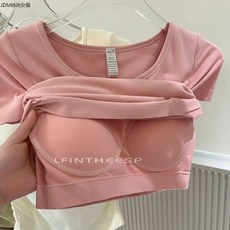 褶皺泡泡顯瘦無縫V領短袖 上衣女 健身上衣 瑜伽服 女運動上衣 運動上衣女 T賉 (固定杯墊)