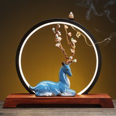 陶瓷梅花鹿倒流香爐創意燈光燈圈香薰爐傢俱擺件小鹿工藝品, 藍梅花鹿(右)燈圈+梅花鹿