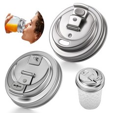 Palksky 일반 입구 병용 빨대 구멍 및 손잡이가 있는 메이슨 병 뚜껑 추가 실리콘 링이 있는 누출 방지 음료 뚜껑 아이스 커피 레모네이드 주스용 메이슨 자 빨대 뚜, 빨대 구멍이 있는 일반 메이슨 병 뚜껑 2개