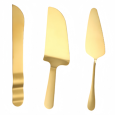 스테인리스강 케이크서버 케이크삽+케이크칼+피자삽 3종세트 생일케이크칼 베이킹도구, 금, 1세트