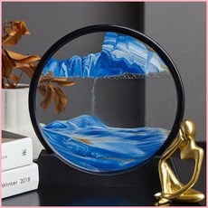流沙畫擺件 創意禮品 解壓沙漏 家居玄關客廳裝飾, 黑框藍色,7寸（直徑17厘米高19厘米）