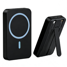 KWC 磁吸支架行動電源 20000mAh 超薄自帶雙線 多功能快充 行動充, 黑色, 正品保證-磁吸無線充-行動充