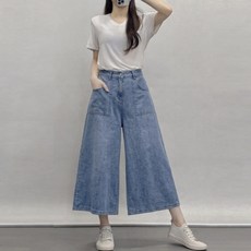 사라7351 부드러운 감탄스판 뒷밴딩 와이드 청바지 8부 청통바지 데님 치마바지 봄 여름 가을 겨울