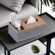 DFMEI 紙巾收納盒 多功能遙控器收納箱, 麻布灰木紋長盒