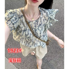 法式碎花雪紡小飛袖襯衫女夏季荷葉邊娃娃衫短款上衣