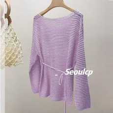 《杜達女孩》托斯卡納的夏天 腰帶鏤空中長版上衣 長袖鏤空上衣 透視洞洞上衣 露肩寬鬆上衣 春裝秋裝 防曬網狀罩衫上衣 女, 紫色