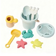 兒童沙灘玩具套裝 玩沙工具 挖沙玩具 多件組 安全無毒, 麥稈沙灘桶9件套, 100g, 1個