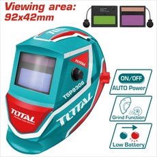 TOTAL 自動變光焊接面罩 92x42mm 視野 自動電源 研磨功能, 1個