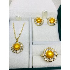 母親節禮物首選 天然海水珍珠耳環吊墜戒指三件套組 附絨布錦盒 豪華送禮組, 1個, 天然海水珍珠  飾品套組-D2