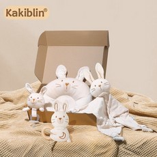 新款有機棉搖鈴套裝 0-6月寶寶安撫可啃咬玩具新生兒滿月見面禮, 有機棉兔子組合4件套:1個, 1個