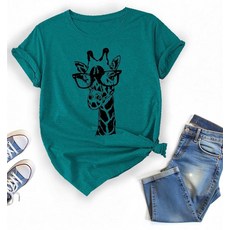 여성용 귀여운 기린 동물 프린트 티셔츠 반팔 캐주얼 셔츠 (미국 알파 라지 레귤러 레귤러 색상 A), 색상 A