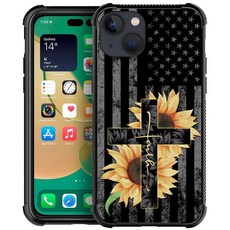 DJSOK 아이폰 14 H 닌자 도그 호환 케이스 네 모서리 충격 방지 보호 소프트 TPU 범퍼 및 하드 PC 패턴 백 케이스 아이폰 14용, 해바라기 성조기 십자가, 1개