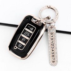 현대 자동차 키케이스 YF쏘나타 제네시스 쿠페 그랜저TG 아반떼MD 싼타페 베라크루즈 에쿠스 투싼IX I30GD 차 스마트키 TPU 케이스 4버튼, HK01 호환 블랙-골드