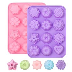 SJ 실리콘 비누 몰드 2팩 제작용 꽃 몰드 공예 비누 젤리 초콜릿 사탕 로션 바 배쓰밤 및 아이스 큐브용 12개의 구멍 다양한 모양 (퍼플 & 핑크) 에스제이 1, 핑크&퍼플-믹스 플라워 모양 2개