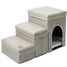 寵物收納樓梯 寵物階梯 寵物沙發梯 寵物床梯 狗階梯 貓階梯 防滑寵物樓梯, 【科技布】三層睡窩收納樓梯-米色/