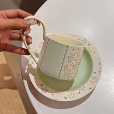 中古高顔值咖啡杯碟套裝 陶瓷精緻下午茶杯組, 1個, 手繪中古咖啡盃碟/薄荷綠/24套/箱,320ML