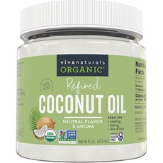Viva Naturals Refined Coconut Oil 정제 코코넛 오일 엑셀러 프레스 USDA 유기농 중성 향과 향 요리 베이킹 헤어 및 스킨 보습제, 16 Fl Oz (1 팩)_코코넛, 세련됨, 1개, 473ml