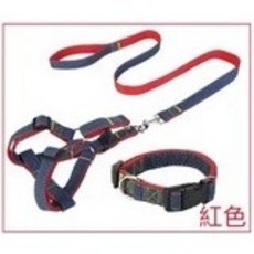 寵世界 牛仔胸背帶 寵物牽繩, 1個, 紅色【三件組】,1.5 (M)【34~44cm】