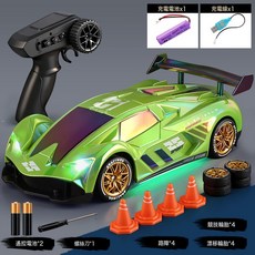 HYLSS 漂移RC四驅遙控車2.4G全比例賽車充電高速兒童玩具汽車男孩, 1個, 超跑-綠色一組鋰電池:如圖