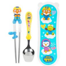 에디슨 뽀로로 입체 스텐 젓가락 1단계 + 이지 스텐 수저 케이스 세트, 2종 PO8814 뽀로로, 교정젓가락+스푼+케이스, 1세트