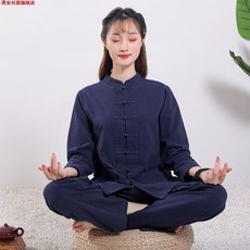 臺灣出貨 玄善 男女唐裝 中國風 中式禪修服 居士服 禪意禪修禪服 打坐服 套裝 5001, 1個, 藏青色長袖套裝女 清倉價 ,XL  建議120-140斤