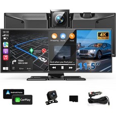 자동차용 11.5인치 최대 무선 카플레이 화면 휴대용 Apple 카플레이 및 안드로이드 오토 터치스크린 4K 대시캠앱 제어1080p 백업 카메라미러 링크음성 제어GPS블루투스, 11.5In