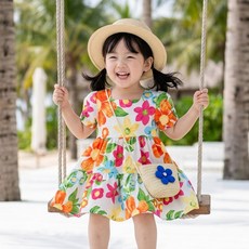 하와이안 밀짚가방 아동 여름 원피스