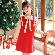 女童長袖針織連衣裙 秋冬學院風花邊兒童裙