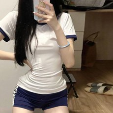 夏季少女兩件套 學生學院風可愛體操服, 白拼藍上衣+藍色褲子,3XL 建議 80.0-90.0公斤