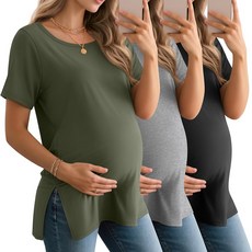 BAGGY 배기fly 여성용 임산부 셔츠 반소매 라운드넥 사이드 스플릿 상의 루즈핏 여름 캐주얼 엄마 의류 3팩 그레이 블루 라이트 핑크 그린 L 190964, XXL, 아미 그린, 라이트 믹스 그레이, 블랙