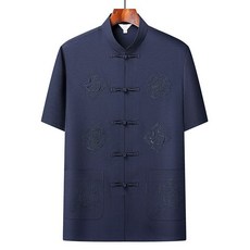 男童 中老年冰絲短袖套裝 夏季爸爸爺爺裝 襯衣衣服 唐裝
