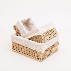 藤編收納盒 草編工藝帶蓋收納籃 桌面零食玩具化妝品手機鑰匙收納筐, 【花花】無蓋款－中款（內裡可拆）－１個, 1個