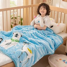 DFMEI 新款雙層加厚雲毯拉舍爾小毛毯嬰童絨毯兒童卡通午休蓋毯, 北極熊寶-藍色