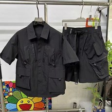 胖悅衣櫥 速乾工裝短袖 夏季男士潮流韓版美式大口袋工裝套裝設計 寬鬆落肩機能速乾短袖短褲