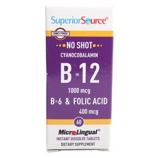 Superior Source No Shot B-12 1000mcg B-6 和葉酸 400mcg 片劑, 1個, 60 件