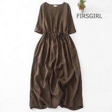 FIRSGIRL 여성 린넨 여름 롱 원피스 브이넥 반팔 루즈핏 A라인 허리스트링 데일리룩