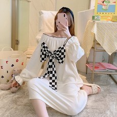 세컨핑크 헤이유 체스 빅리본 오버핏 롱원피스 잠옷