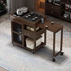 移動茶桌傢用小茶臺實木伸縮茶車茶幾燒水壺一體茶水櫃茶具盤套裝 茶桌 茶臺 泡茶桌 茶幾 茶架 茶車 VU0A, 77長伸縮茶車可伸長122窗花烏金石＋底,組裝, 1個