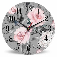 Mxocom 라벤더 꽃 벽시계 햇빛 파스텔 바이올렛 라벤더 필드 25.4cm(10인치) 무소음 배터리 작동 시계 빈티지 원형 시계 거실 침실 욕실 사무실 장식용, 핑크 꽃과 잎