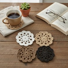 핸드메이드 린넨 티코스터 컵받침 수공예 홈카페 인테리어 감성 니팅 컵받침, 1개, 각 1개씩 4종 세트