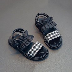 키즈 여아 샌들 프릴 체크 무늬 밴딩 여름 아동화