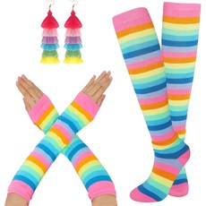 Fnuqz 여성 코스튬 액세서리 세트 레인보우 스트라이프 펨보이 허벅지 하이 스타킹 팔 워머 손가락 없는 장갑 보헤미안 스타일 레이어드 태슬 귀걸이 프라이드 월 할로윈