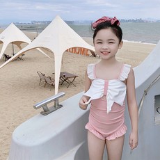 兒童泳衣女童小童連體溫泉泳裝小清新韓版可愛蝴蝶結專業批發泳衣, XL【建議30-45斤】