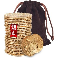 대형 금속 해적 동전 금 보물 세트 복제 스페인 더블론 보드게임용 토큰 장난감 코스프레용 사실적인 모조 돈 보물상자용 크기 1.18인치 금색 20개 3125983, 골드 40개