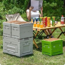 五開門露營折疊箱 多開門可坐戶外收納箱 便攜車載後備箱收納整理箱 臺灣熱銷, 卡其色60L（52*36*35cm）,五開門（無木蓋）