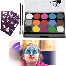 mefeny 페이스페인트 15색세트 차체 페인트 흰칠 물감 임산부 페인트 얼굴 페인트 안전 무독 간단 수세 속건 에코메이크업 브러쉬2개 스텐실4개 코스프레 할로윈 크리스마스 가장, 1개, 1g