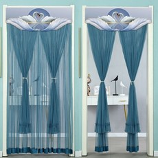 蕾絲雙層紗簾免打孔家用防蚊紗簾臥室長門簾隔斷簾魔術貼, 輕奢羽毛灰藍雙層,簾寬90*高200cm送魔術貼