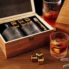 위스키 잔 2종 세트 - 골드 칠링 스톤 6개 포함 선물 ，위스키 잔과 남성 아빠 생일 기념일 아버지의 날 크리스마스를 위한 ， 유니크 버번, Gold Stones